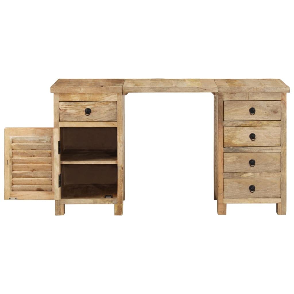 Schreibtisch Massivholz Mango Retro Bürotisch 140x50 cm | Flexibler Bürotisch mit 5 Schubladen und Schrank für Arbeitszimmer. Abnehmbare Platte bildet 2 Beistellschränke.