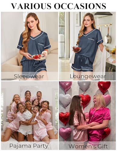 Image of Silk Pajamas for Women Short Sleeve Satin 2 Piece Pj Set Soft V Neck Sleepwear Loungewear, S-XXL