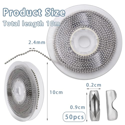 MIPIACE 10 Metre Ball Chain Stainless Steel Beads Roller Chain Silver Ball Chain Stainless Steel with 50 Matching Connectors Ball Chains 2.4 mm Diameter for DIY Jewellery Making Tags Chain Key Chain - Image 2
