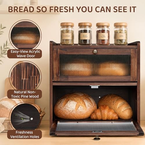 Wooden-Bread-Box-with-Acrylic-Window-for-Kitchen-Countertop-Natural-Pine-Wood-2-Layer-Large-Capacity-Vintage-Farmhouse-Kitchen-Countertop-Organizer-Raised-Top-Edge-and-Curved-Bottom