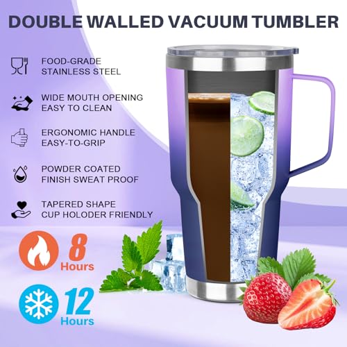 Image of 30 oz Tumbler with Handle, Stainless Steel Insulated Tumbler with Lid and Straw, Double Wall Vacuum Insulated Coffee Mug Tumbler, Insulated Coffee Thermal Cup for Cold and Hot (Purple Navy blue)