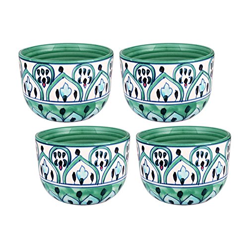 Image of KITTENS Ceramic Bowl Set of 4 (300ml) - Hand Painted Green Floral - Microwave & Dishwasher Safe - BPA-Free, Food Grade - Ideal for Soup, Snacks, Maggi & Gifting