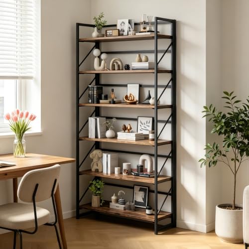 Image of JSB 6 Tier No Assembly Folding Bookshelf, 30.7 inch Wide Foldable Storage Bookcase for Home Office, Space-Saving Storage Shelf for Living Room (Fire Brown)