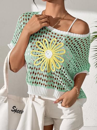 Crochet Tops for Women Floral Off Shoulder Hollow Out Pullover Sweaters 2025 Summer Swimsuit Knit Cover Ups3