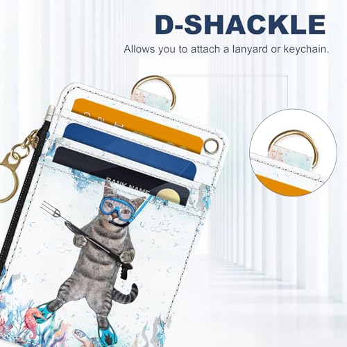 Image of Slim Wallet Credit Card Holder, Cat in the water, RFID Wallet Women Cute Small Front Pocket Wallet With Zipper, PU Leather Thin travel RFID Blocking Card Case ID Window,Ladies Gift