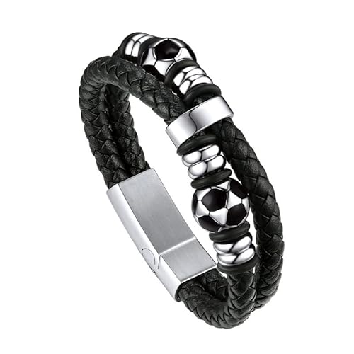 Bandmax Men's Soccer Bracelet Genuine Braided Leather Football Bangle Wristband Bracelets For Men Sport Jewelry Gift For Soccer Lovers -8.26" #TOP5