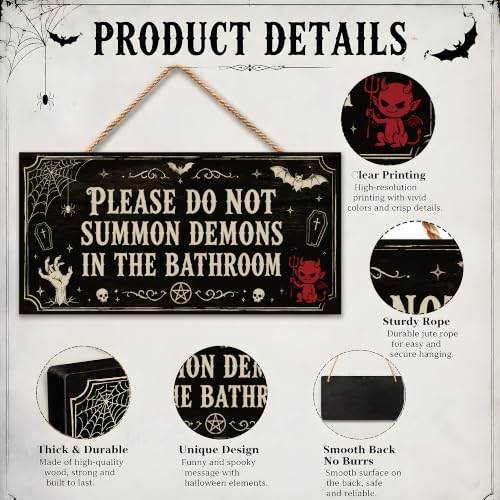 Image of Halloween Decorations - Funny Wooden Sign for Wall Home Door Bathroom | Spooky Demons Warning Hanging Sign Decor - Halloween Wreaths| Halloween Party Favors Supplies for Wall Door Decor