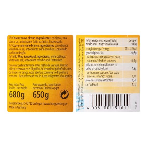 Hengstenberg Choucroute à la Bavaroise, Bocal de 680g, Lot de 3, 650g Net Égoutté