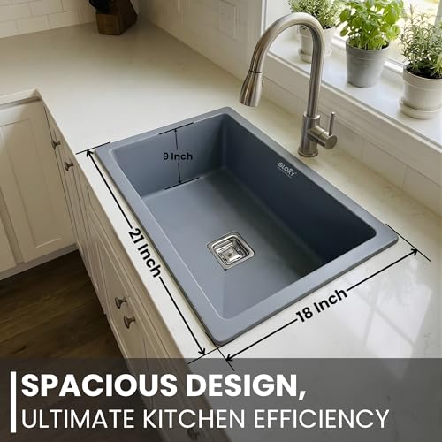 Image of Gloxy Granite Quartz Kitchen Sink 21x18x9 Inch - Premium Black Matte FInish Quartz Single Bowl Sink For Kitchen With Coupling Hose Pipe and Drainer Basket - Undermount /Topmount - 3 Years Warranty