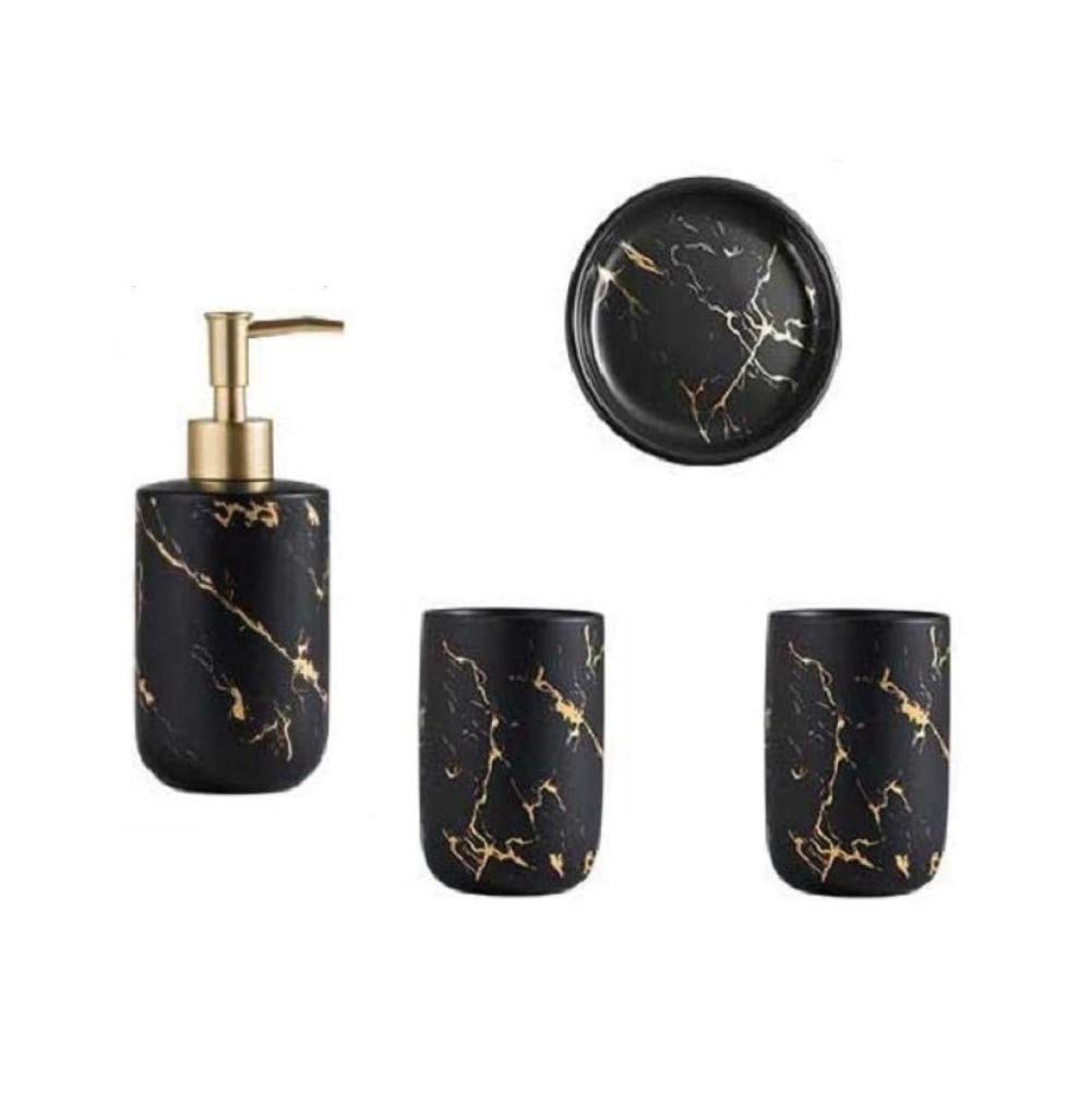 4-teiliges Keramik Bad-Zubehörset Marmor Optik Badaccessoires 300ml Seifenspender,Seifenschale, Zahnbürstenhalter/Zahnputzbecher Badezimmer Set (Schwarz)
