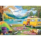 Blueforest 1000 Piece Jigsaw Puzzles for Adults & Seniors - Lake Mountain Camping Camper Van Dog Puzzle, 27.5'x19.7' Adult Puzzle with Letters on Back, Home Decor Gift