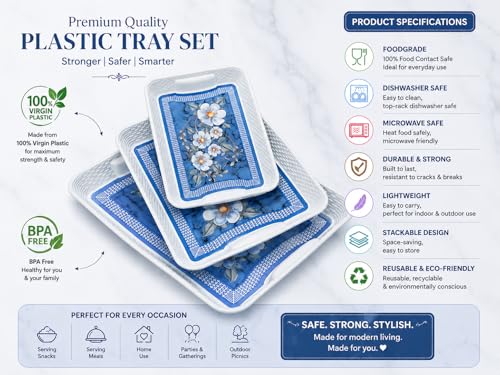 Image of 3 Pcs Plastic Serving Tray Set with Handle | Multipurpose Tea Snacks Breakfast Tray | Floral Printed Rectangular Serving Trays for Kitchen & Home (Blue Flower)