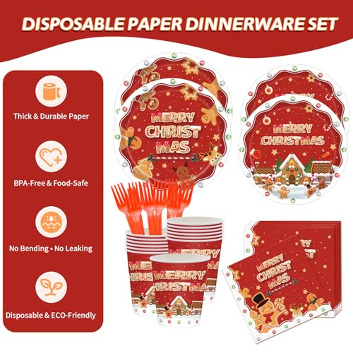 Christmas Party Supplies Set, Paper Plates And Napkins Sets for 25 Guests, Xmas Party Supplies With Plates, Cups, Napkins And Forks, Festive Disposable Christmas Heavy Duty For Holiday Dinners – Image 3