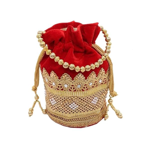 Krishope Women's Velvet Cross Gota Potli Batwa Bag for Shagun | Rajasthani Style Royal Velvet Potli Batwa Bag | Bridal Purse Women Handbag Shagun Pouch Return Gifts