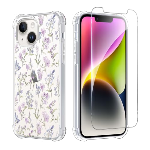 Coque iPhone 14 antichoc transparente avec motif floral et protection écran verre trempé intégrée