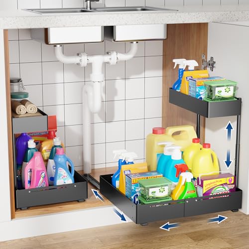 2 Pack Under Sink Organizer, Insputer 2 Tier Under Cabinet Storage Expandable Width...