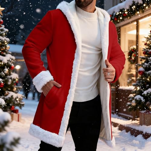 Weihnachtsmann Kostüm Herren, Weihnachtskostüm Herren Hoodie Fleece Lustig Oversize Weihnachtsjacke Cardigan Festliches Party Mantel Jacket Kapuzenmantel (001-Red, S)