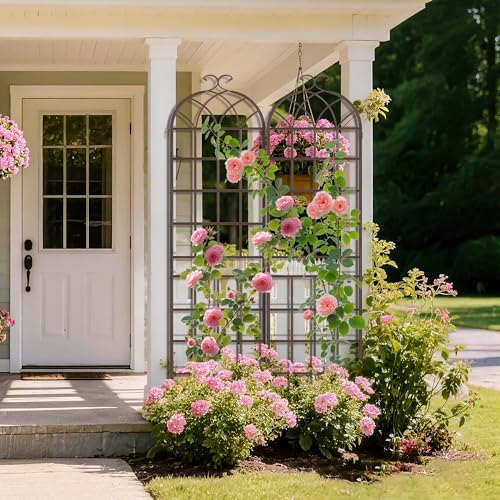 Image of LZRS 2 Pack 83x20in Rustic Iron Arch Decoration Garden Trellis with Metal Coating - Perfect for Supporting Climbing Plants Outdoor, Roses, Vines, Flowers, and Vegetables, Brown