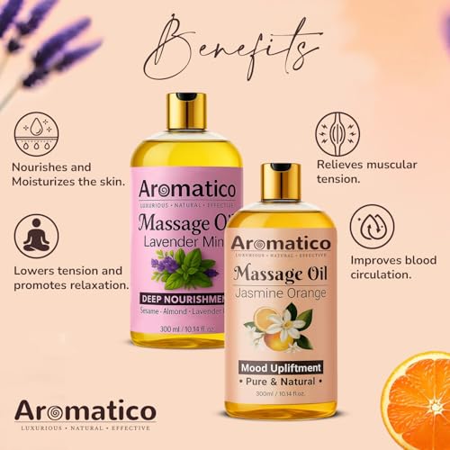 Image of AROMATICO - Lavender Mint & Jasmine Orange Massage Oils Pack of 2. For Mood Upliftment, Muscle Relaxation & Skin Nourishment, 100% Natural, Non-Sticky 300ml Pack of 2
