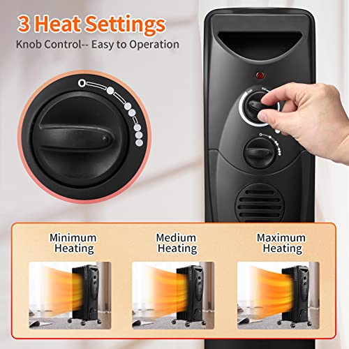 Kismile 1500W Oil Filled Radiator Heater, Portable Electric Heater With 3 Heat Settings, Adjustable Thermostat, Overheat & Tip-Over Protection, Oil Heaters For Indoor Use (Black) #TOP2