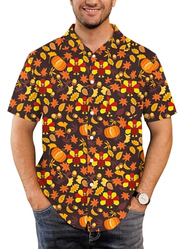Arvilhill Mens Bountiful Harvest Shirt Thanksgiving Celebration Good Harvest Print Holiday Party Wear Brown XL