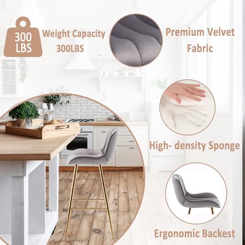 Image of Sidanli Gold Bar Stools Set of 2, 29 inch Velvet Barstools, Kitchen Chairs for Bar Height with Back and Footrest, Gray