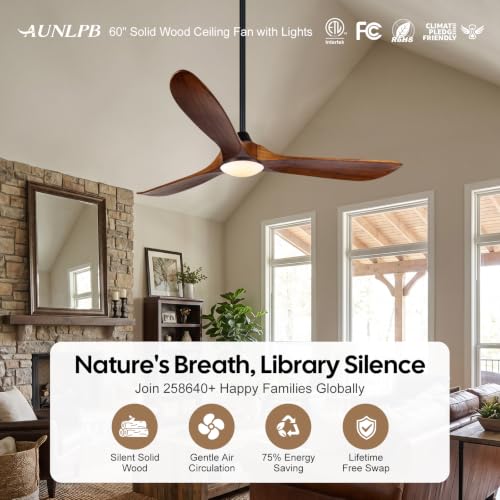 Image of 60 inch Farmhouse Ceiling Fans with Lights, 3 Walnut Color Wood Blade Fan