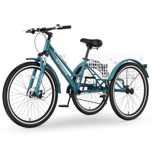 MOPHOTO Mountain Tricycle for Adults, 3 Wheeled 7-Speed Mountain Tricycle 24 inch 26 inch Men's Women's Tricycles Cruiser Bike Featuring Disc Brakes, Cargo Basket