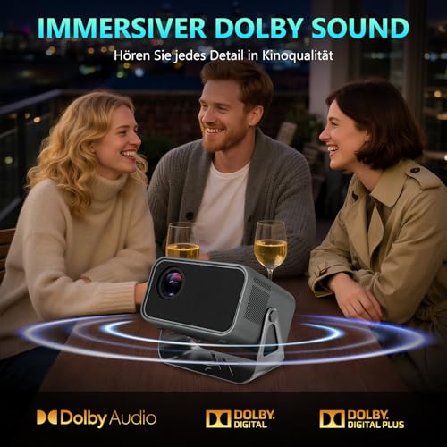 Beamer 4K Heimkino mit 500 ANSI Lumen, Native 1080P, unterstützt 4K, Auto Fokus und Trapezkorrektur, WiFi 6 und Bluetooth 5.0, Smart Beamer 4K für Schlafzimmer und Heimkino