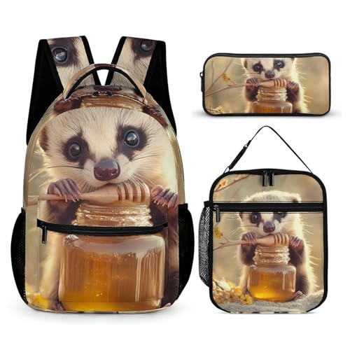 Cute Ferret Honey Printed Backpack with Lunch Box Bag Pencil Case Pouch 3pcs Daypack Set for Women Men