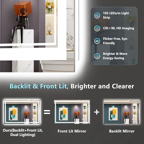 Image of 48x30 LED Bathroom Mirror with Lights, Backlit and Front Lit Anti-Fog Lighted Vanity Mirrors for Bathroom Wall, Dimmable, 3-Color Light, Memory, Shatter-Proof, HD Tempered Glass, CRI>90