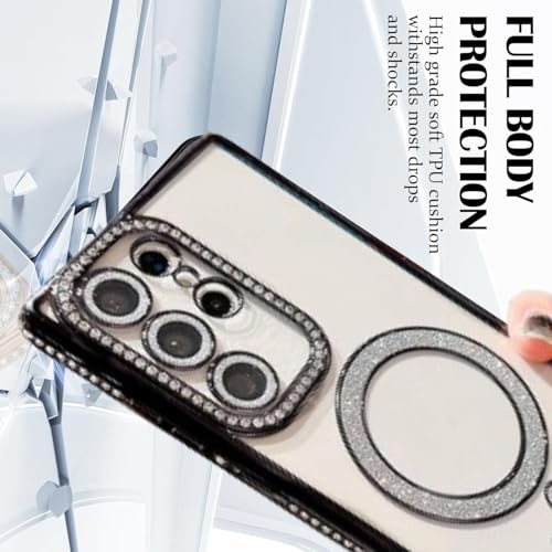Image of for Samsung Galaxy Glitter Case,Luxury Bling Rhinestone Diamond Plated Bumper Case,MagSafe, Sparkle Camera Lens Protection Clear Back Cover (Black, for Samsung Galaxy S25 Ultra)
