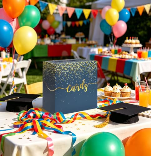 Image of Navy Blue Wedding Card Box with Gold Foil Navy Gift Card Holder Box for Party Graduation Wedding Reception Birthday Baby Shower Retirement Cardboard Envelope Raffle Box with Slot
