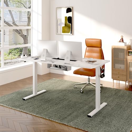 Image of FLEXISPOT EN2 Whole-Piece Standing Desk with Clamp Power Strip, 48 x 30 Electric Stand Up Height Adjustable Desk with Cable Management (White Frame + 48 inch Marble Gray Top, 2 Packages)