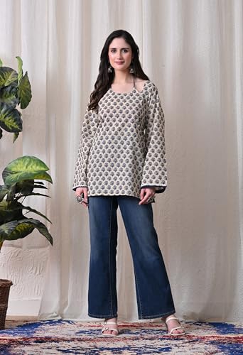Image of MEERA FAB Women Cotton Printed A-Line Tunic Top with Square Neck | Floral Printed Halter Strap Detail & Bell Sleeves | Short Kurti for Women