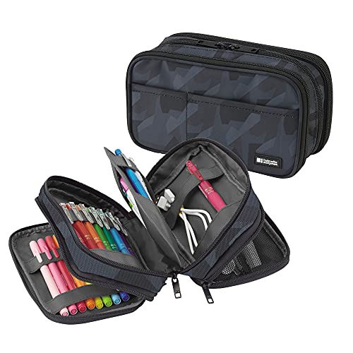 Image of LIHIT LAB Large Capacity Triple Zipper Pencil Case For School Office College, Big Capacity 8 Compartments Pencil Bag Holder Adults Teen Boys Girls, Travel Cosmetics Storage, Black Camo (A7556-134)