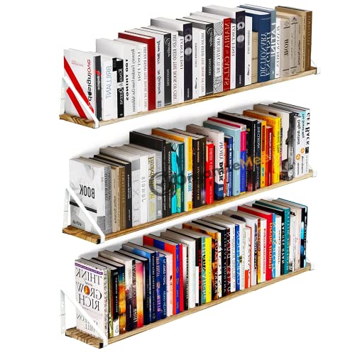 Image of OrganizeMee Wooden Book Shelf Wall D�cor,Floating Shelves for Living Room Kitchen,Bedroom,Decorative Items,Pine Wood Planks Metal Mounting Brackets,Polished,Size(46 Inch X 6 inch White Bracket) Qty:1NOS