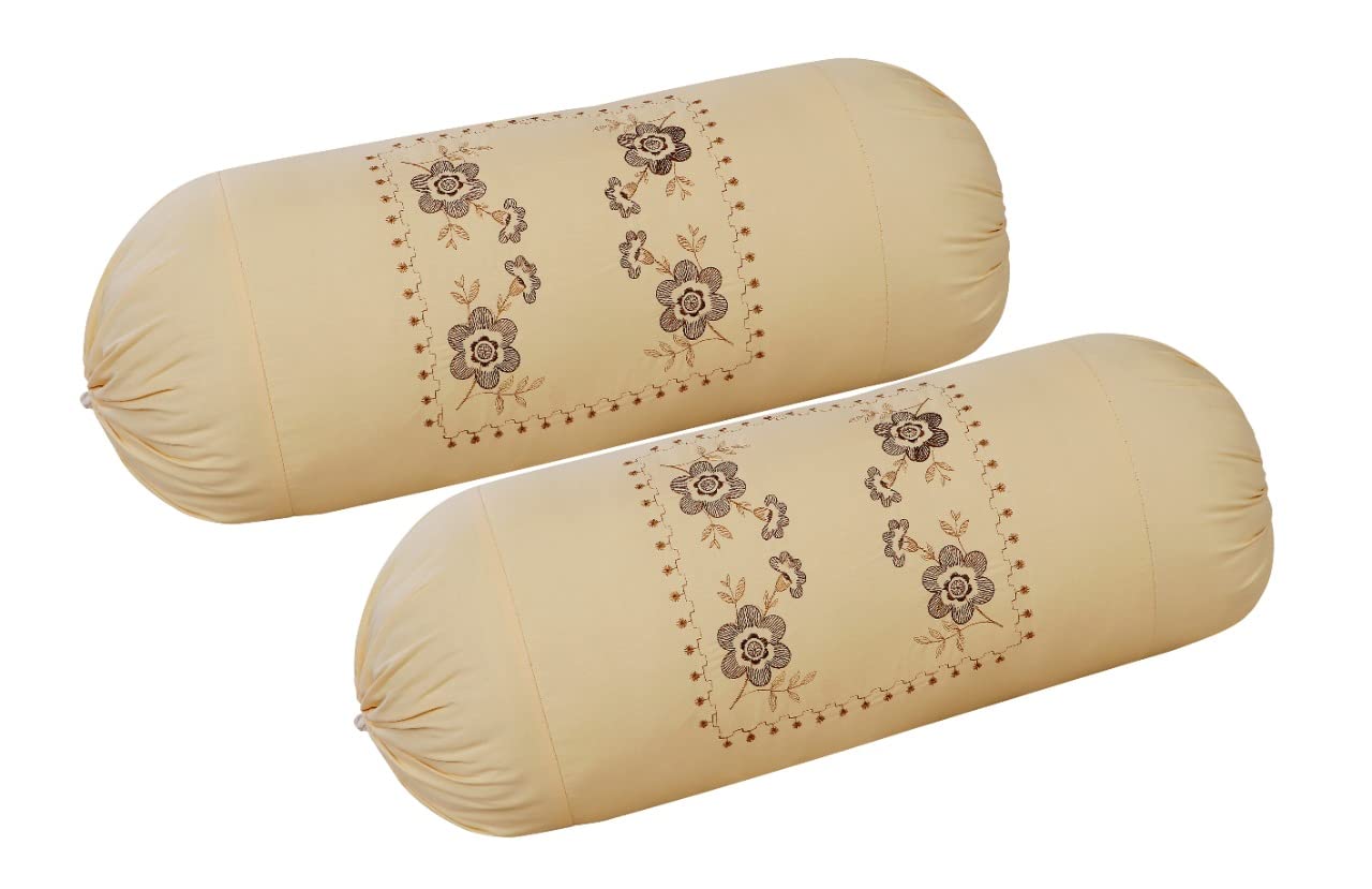FABZIFABZI Pair Cotton Bolster Covers with Computerised Embroidery; (Standard_Cream)_FBA-Fool Bolster-Cream