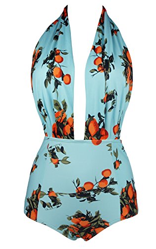 COCOSHIP Turquoise & Orange Tangerine Fruit Retro One Piece Backless Bather Swimsuit High Waisted Swimwear Monokini L(FBA)