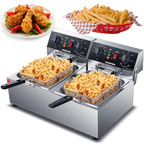 Freidora Comercial Con Cesta, 10Lx2/10,5Qt X 2 De Grosor, Con Temporizador De Control De Temperatura Preciso, Freidora Doble Con 2 Cestas, Freidora De Encimera Para Restaurante,220V