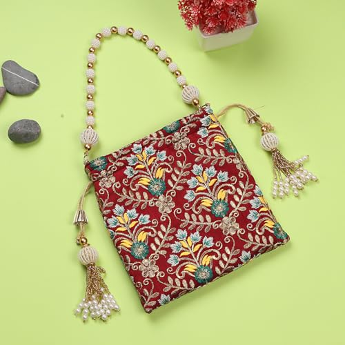 Image of LONGING TO BUY Indian Embroidered Pearl Potli Bag For Women, Sequence Design with Tassel, Wedding Potli Bags