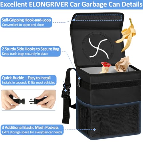 Image of ELONGRIVER Car Trash Can Bin for Back Seat Leak Proof, Cute Car Trash Bag Hanging, Vehicle Trash Can for SUV Truck Van, Automotive Garbage Cans Front Seat Black