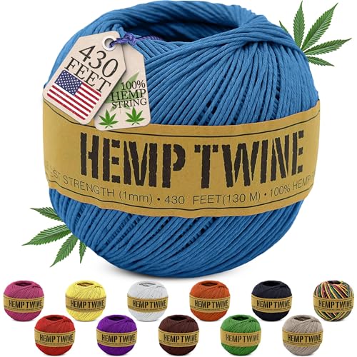 Hemp Twine for Gardening - Twine for Crafts - Organic Natural Hemp String for Jewelry Making - Strong Durable Cord for Decoration, Macrame + Cooking - 1MM, 100G/430 Ft. - 20 lb. Test Strength - Blue