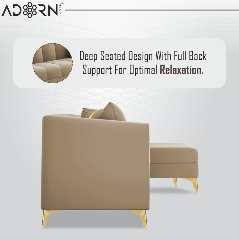 Image of Adorn India Premium Mystic - 3 Years Warranty - L Shape 4 Seater Sofa Set Velvet Suede Fabric - Beige