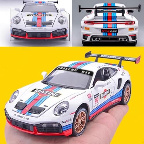 Image of 1:32 911 GT3 RS RSR Turbo S Matini Diecast Model Cars for Kids,Pull Back Car with Light,Sound and Arcylic Sheet Frame for Safety Sports Race Car for Boys Age 4-7 Gifts White Blue