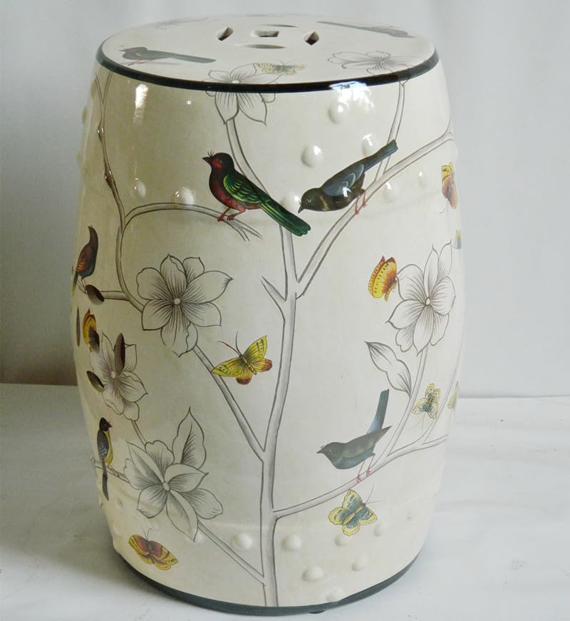 Blooming Tree Ceramic Decorative Garden Stool, Decorative Ceramic Garden Stool, Ceramic Stool Style Blue and White Peony Bird Round Stool Outdoor Balcony Porcelai,A