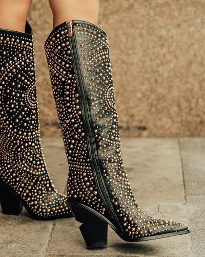 iiimmu Womens Boots Pointed Toe and Chunky Heel Boots for Women Luxurious Studded Boots Tall Boots with Metallic Rivets, White/Black Size US 5-124