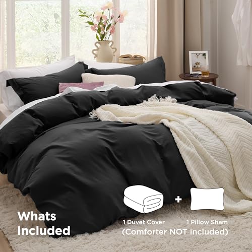 Image of Bedsure Black Duvet Cover Twin /Twin XL Size - 2 Pieces Prewashed Cotton-Like Polyester Extra Soft Bedding Set, Includes 1 Duvet Cover 68x90 Inches with Zipper Closure & 1 Pillow Sham, No Comforter