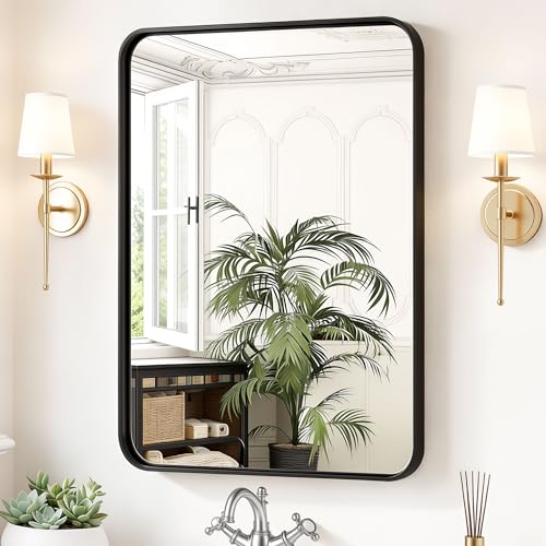 Sweetcrispy Bathroom Wall Mirror 36x24 Inch Wall Mount Mirror for Over Sink Modern Rounded Rectangle Vanity Mirrors with Matte Metal Framed for Home Decor Living Room Bedroom Black
