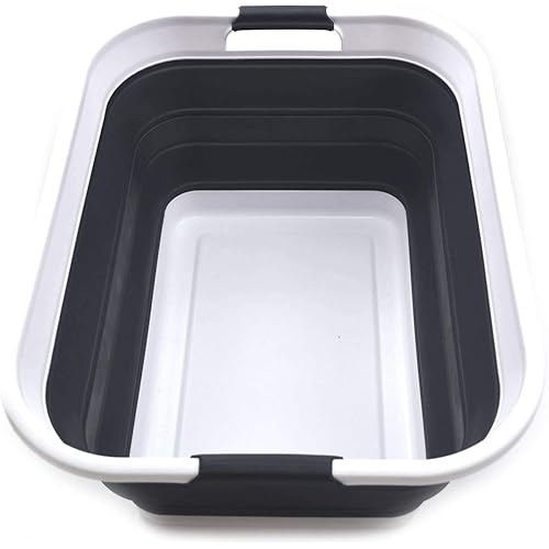 SAMMART 42L(11 gallon) Collapsible Plastic Laundry Basket-Foldable Pop Up Storage Container-Portable Washing Tub-Space Saving Basket,Water capacity 34L(9 gallon) (1 Rectangular - strengthen, Black)
